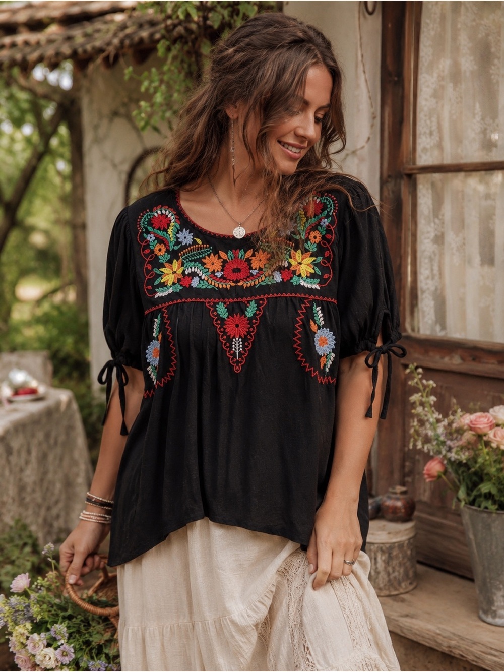 Jodifl Embroidered Boho Peasant Blouse Black Floral Tie Sleeve Medium